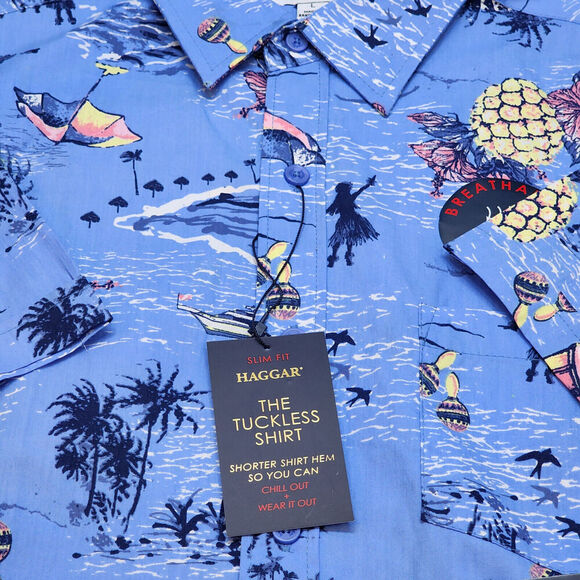Haggar Short Sleeve Button Up Tuckless Slim Fit Beach Theme Shirt Men's L - NWT - Picture 6 of 6